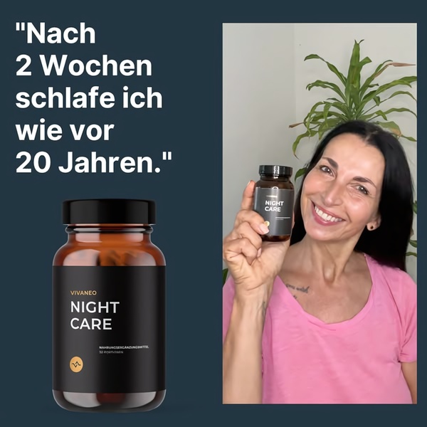 A square-format static ad featuring a user holding a bottle of Night Care supplement alongside a strong, benefit-focused testimonial headline.